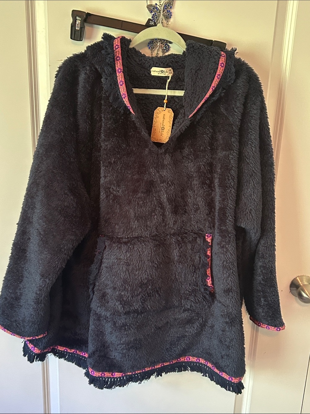 NATURAL LIFE Black Plush Hooded pullover with Pink Trim